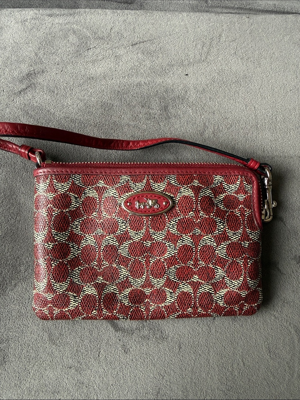 Coach Red Signature Wristlet with Silver Hardware